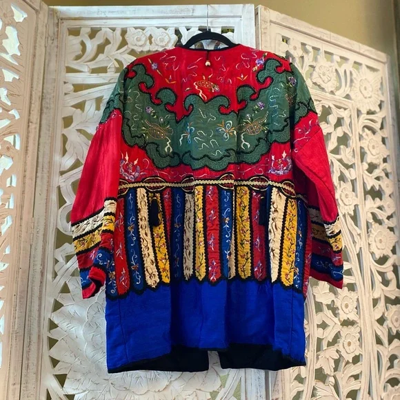 Rare Retro Embroidered Bedazzled Bright Colorful Vintage Silk Kimono Coat Jacket - Picture 3 of 13